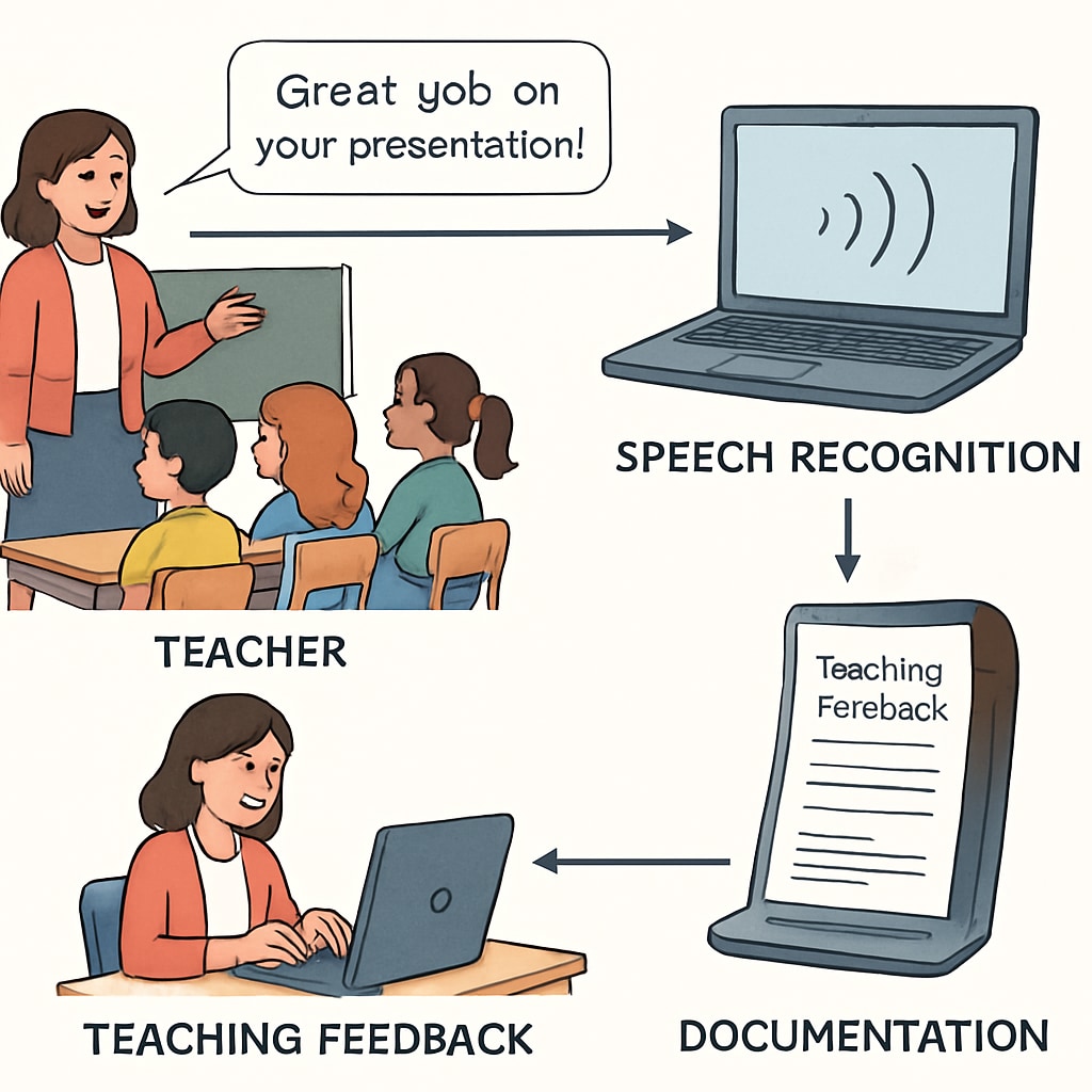 A detailed infographic showing the workflow of speech recognition technology improving teaching feedback and documentation in a K12 classroom setting. Infographic explaining how speech recognition enhances teaching feedback and simplifies documentation in classrooms, featuring WillowVoice.