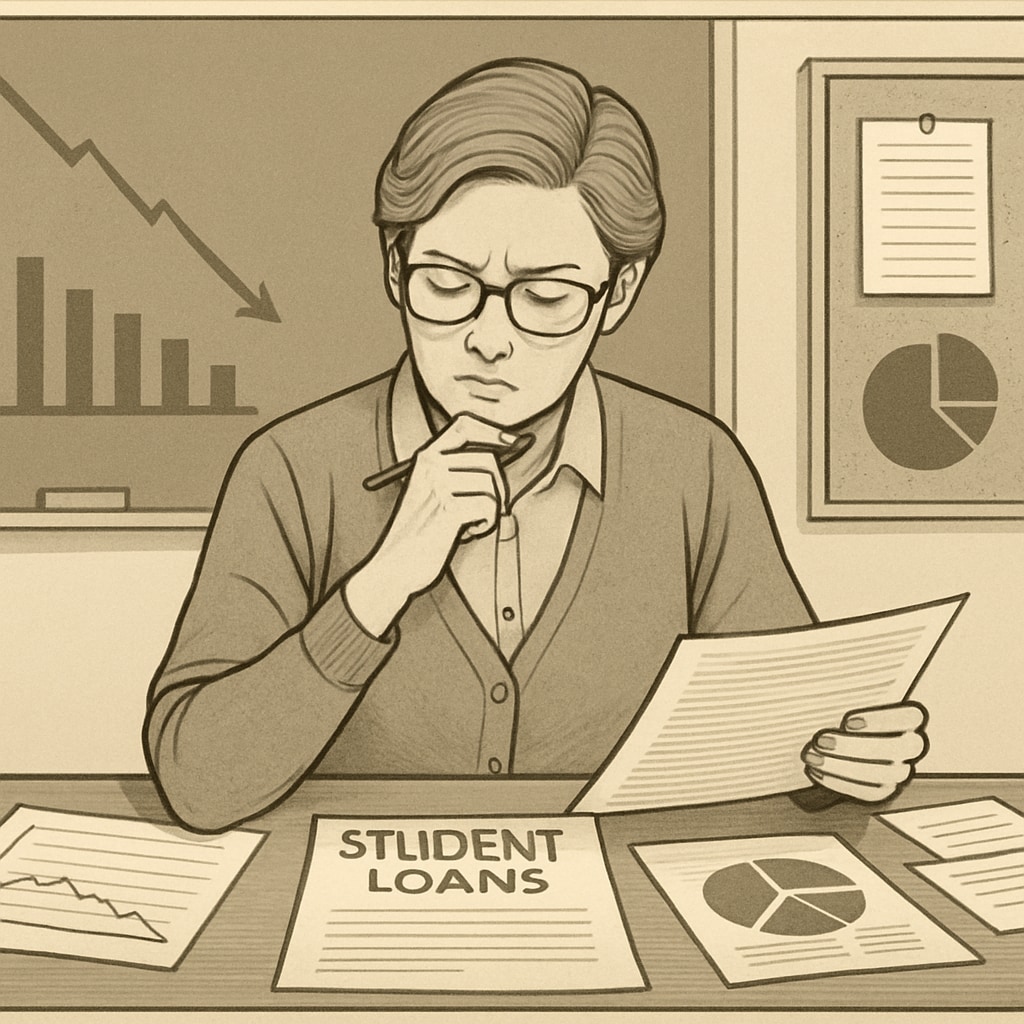 A teacher reviewing financial documents at a desk, symbolizing the financial challenges posed by student loans. A teacher working on financial planning due to student loan repayment changes.