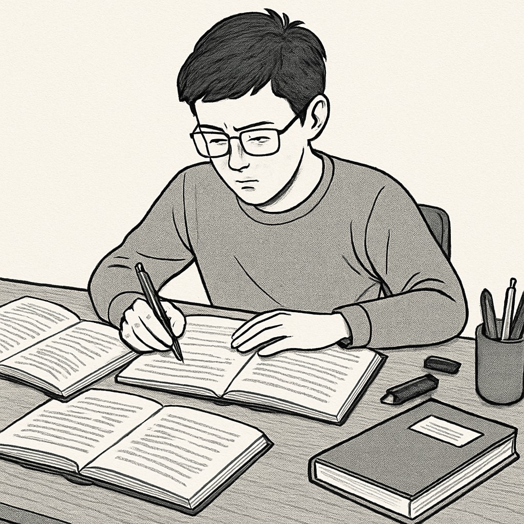 A student studying intensely with textbooks and notes spread out on a desk in preparation for retaking exams. A student preparing for A-Level exam retakes with study materials on a desk.