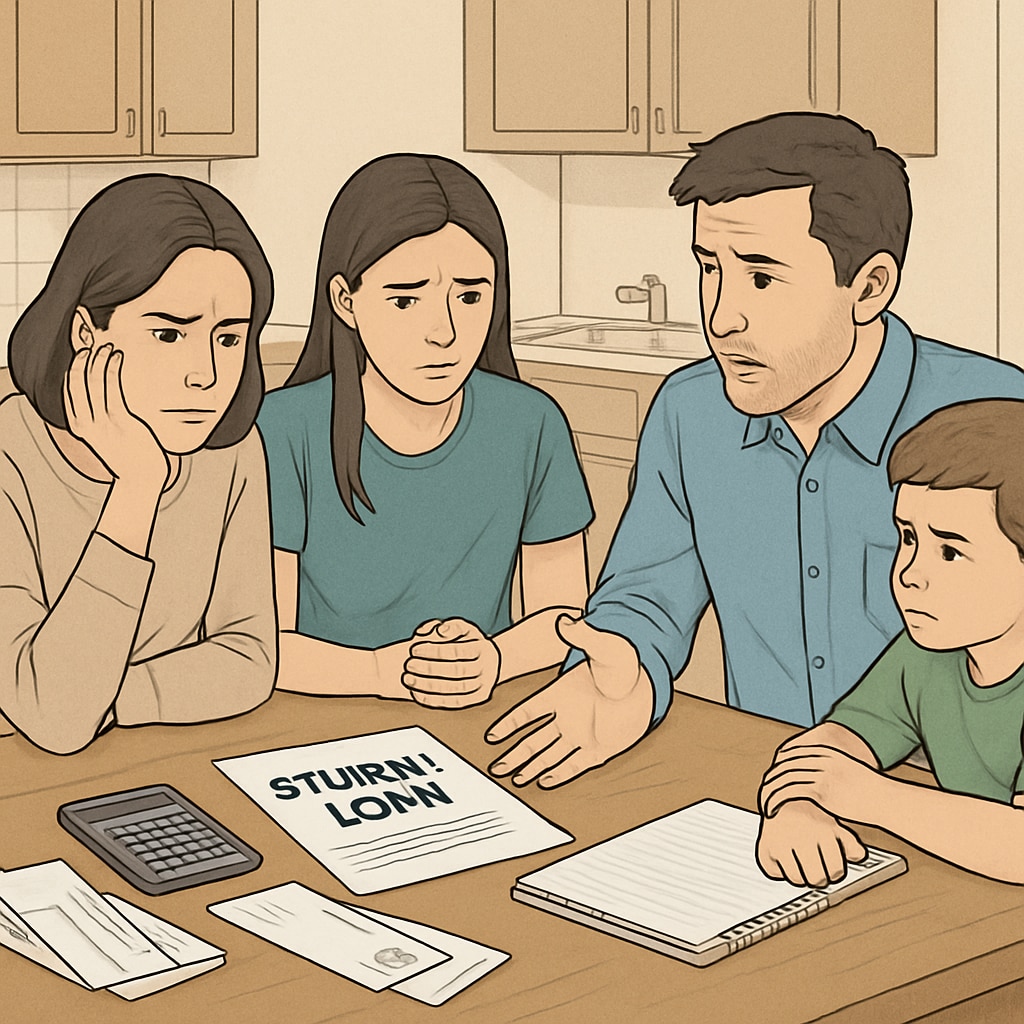 A family discussing their budget at the kitchen table, highlighting the financial strain caused by increased student loan repayments. A family facing financial challenges from increased student loan payments.