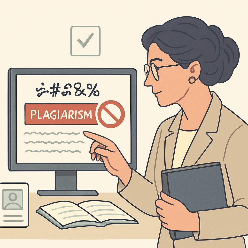Professor reviewing plagiarism detection report on a computer screen.