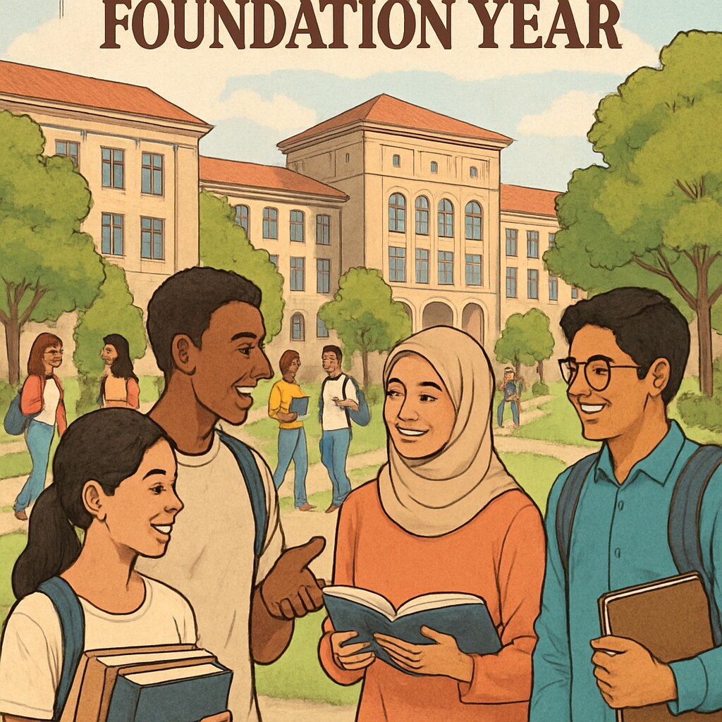 A group of international students attending a foundation year program on a vibrant campus abroad. International students participating in a foundation year course abroad.