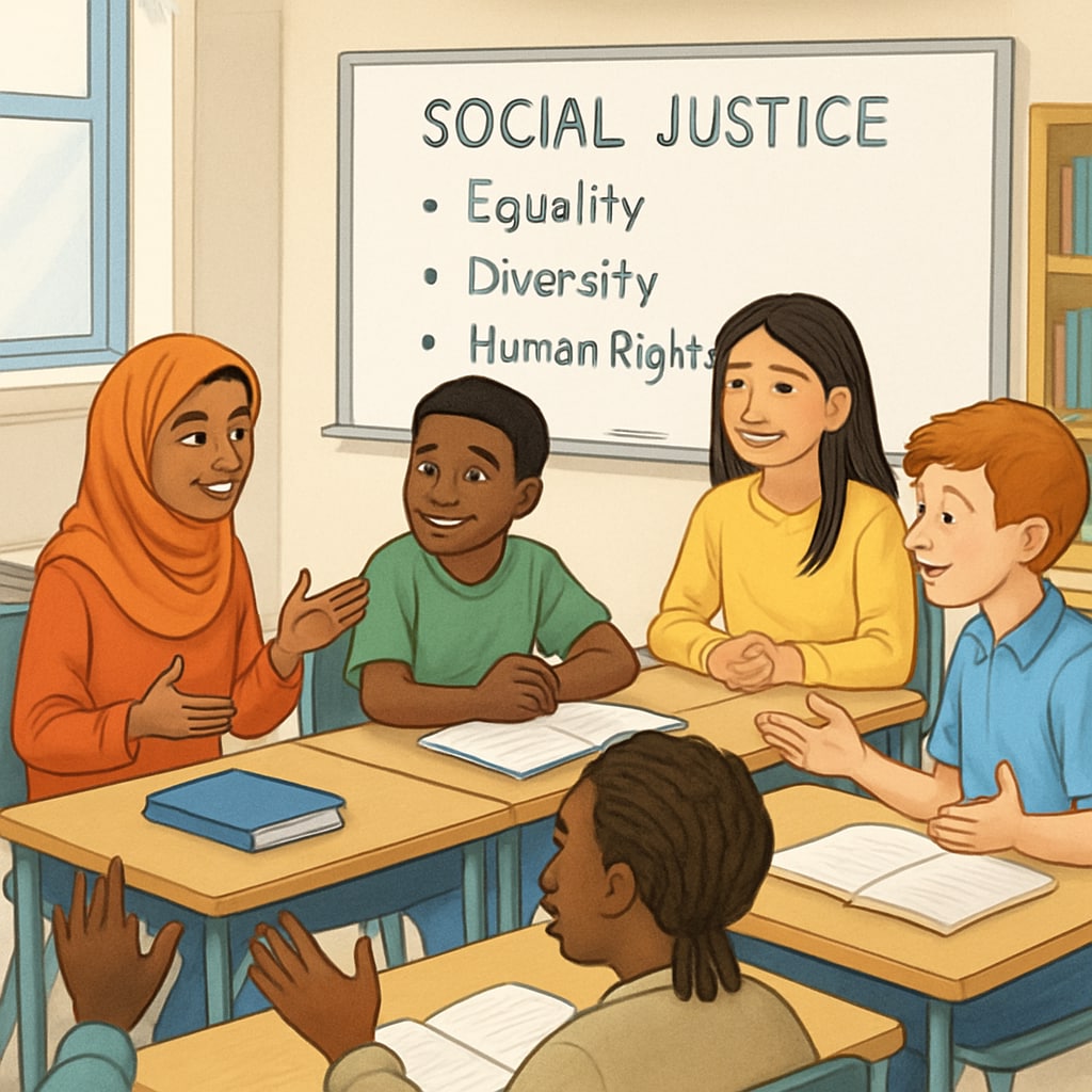 A classroom discussion about social justice topics, with students of diverse backgrounds actively participating. Students discussing social justice topics in a classroom setting.