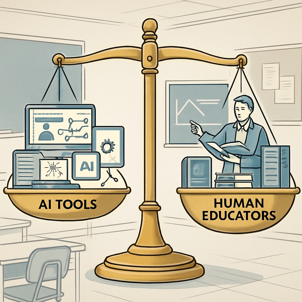 A conceptual illustration showing the balance between AI tools and human educators in a classroom setting; symbolic scales. Illustration of balance between AI and human educators in classrooms.
