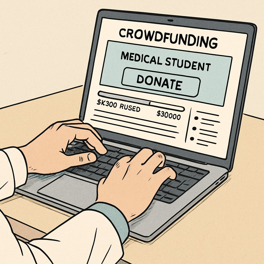Crowdfunding page open on a laptop for medical school tuition support.