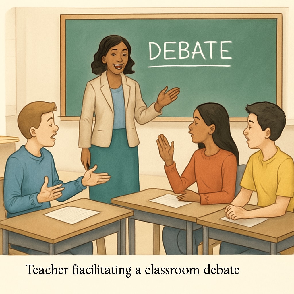 A teacher facilitating a debate in a classroom, with students presenting opposing viewpoints. A classroom debate on social justice topics with students and a teacher.