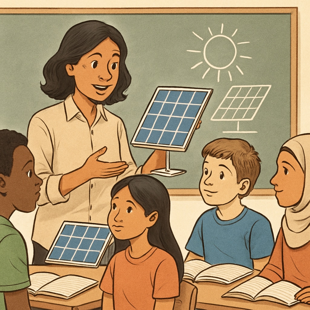 A teacher demonstrating a solar panel model to culturally diverse students, highlighting culturally responsive teaching. Culturally responsive teaching in science education for English learners.