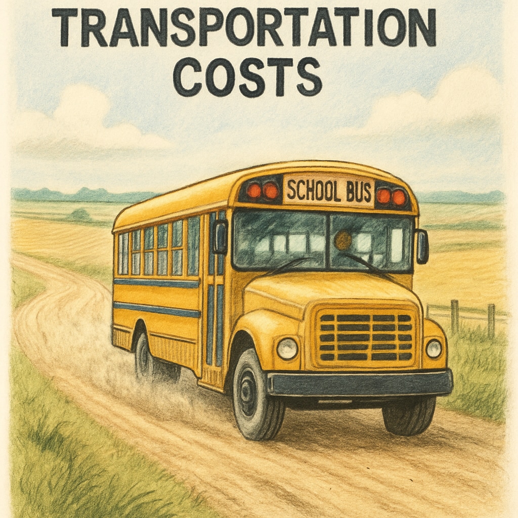 A school bus driving through a rural area, symbolizing the high transportation costs in some school districts. School bus in a rural area illustrating transportation costs in education funding.