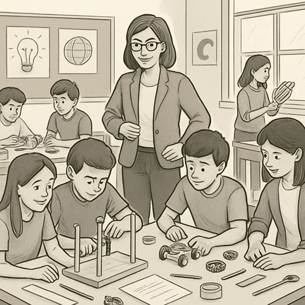 A classroom setting with students engaged in hands-on activities, emphasizing project-based learning as an alternative to traditional grading. Students participating in project-based learning activities as part of education evaluation reform.