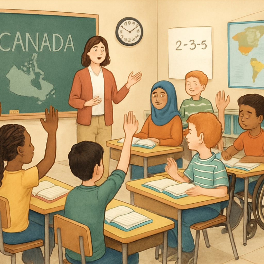 A diverse classroom setting with a teacher guiding students, representing inclusivity in Canadian education. Diverse classroom example for Canadian education inclusivity