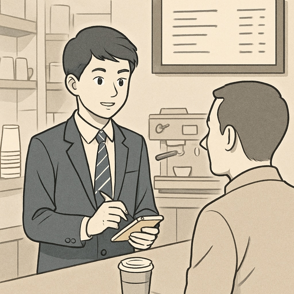 A high school student wearing a uniform and working at a café, interacting with a customer. This visually represents the concept of students gaining work experience while balancing school. High school student working at a café, smiling and engaging with a customer.