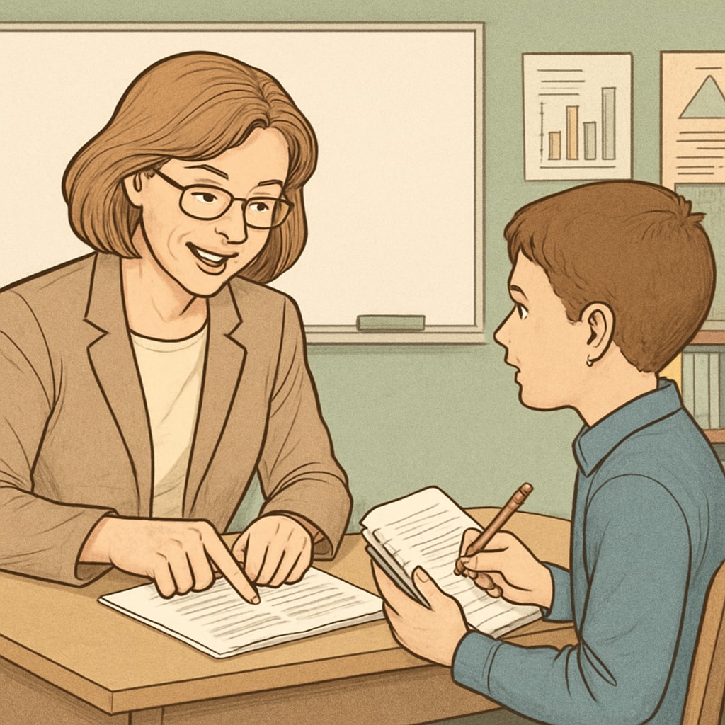 A teacher providing personalized feedback to a student, illustrating the shift from numeric grades to formative assessment. Teacher offering narrative feedback to a student, showcasing an alternative to traditional grading systems.