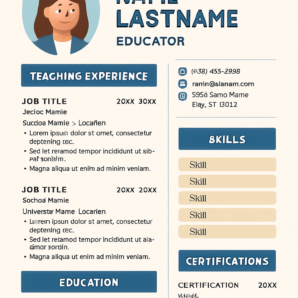 A professional-looking resume template tailored for educators, with clearly defined sections. Resume template example for K12 educators in Canada