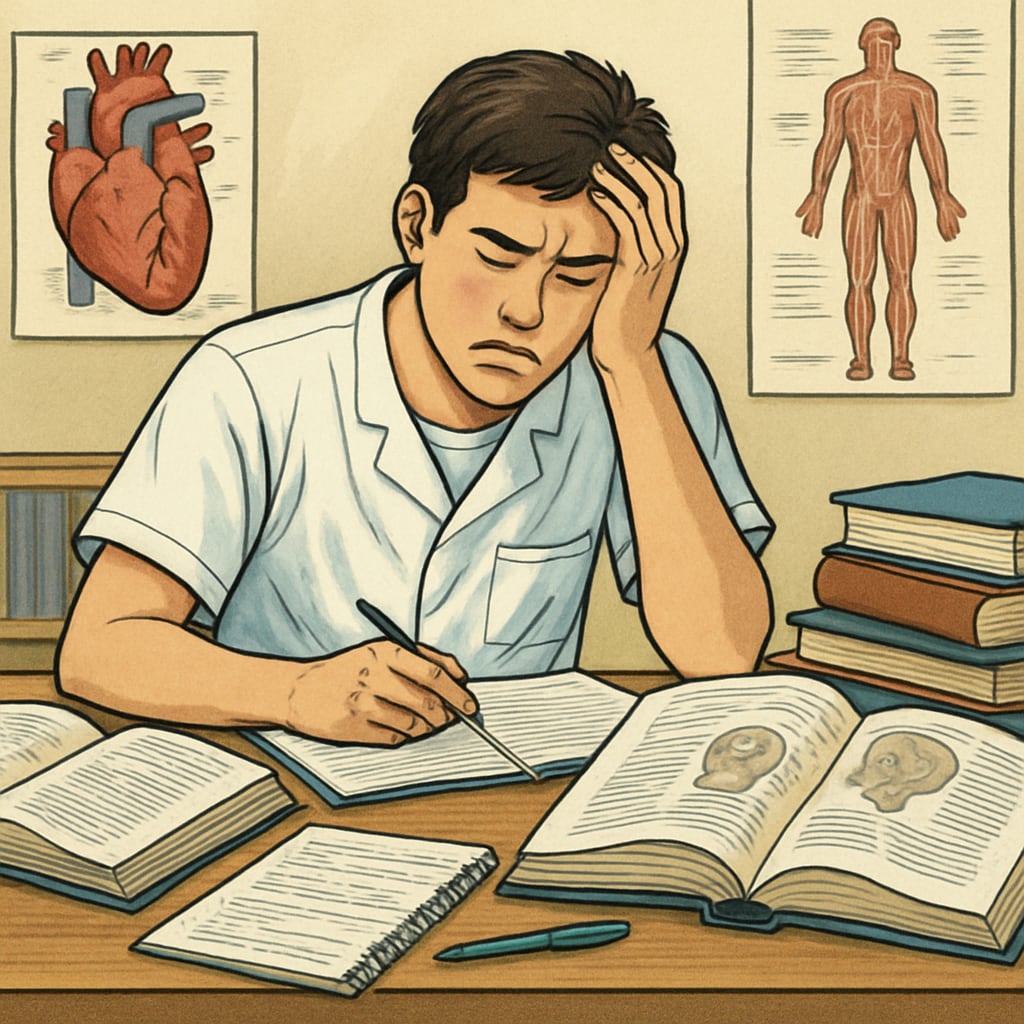 A student sitting at a desk surrounded by books and study materials, looking stressed and overwhelmed. This image reflects the academic struggles faced by students pursuing medical dreams. Student overwhelmed by academic struggles in pursuit of medical dreams