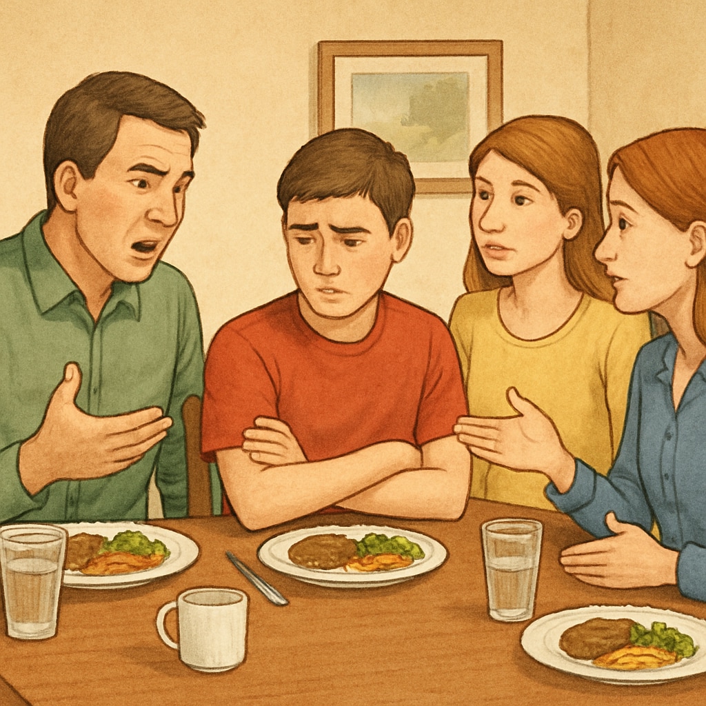 A family sitting at a dinner table, discussing future career plans, with one student visibly uncomfortable. This image highlights the role of family pressure in shaping students' career paths. Family pressure affecting student’s career aspirations