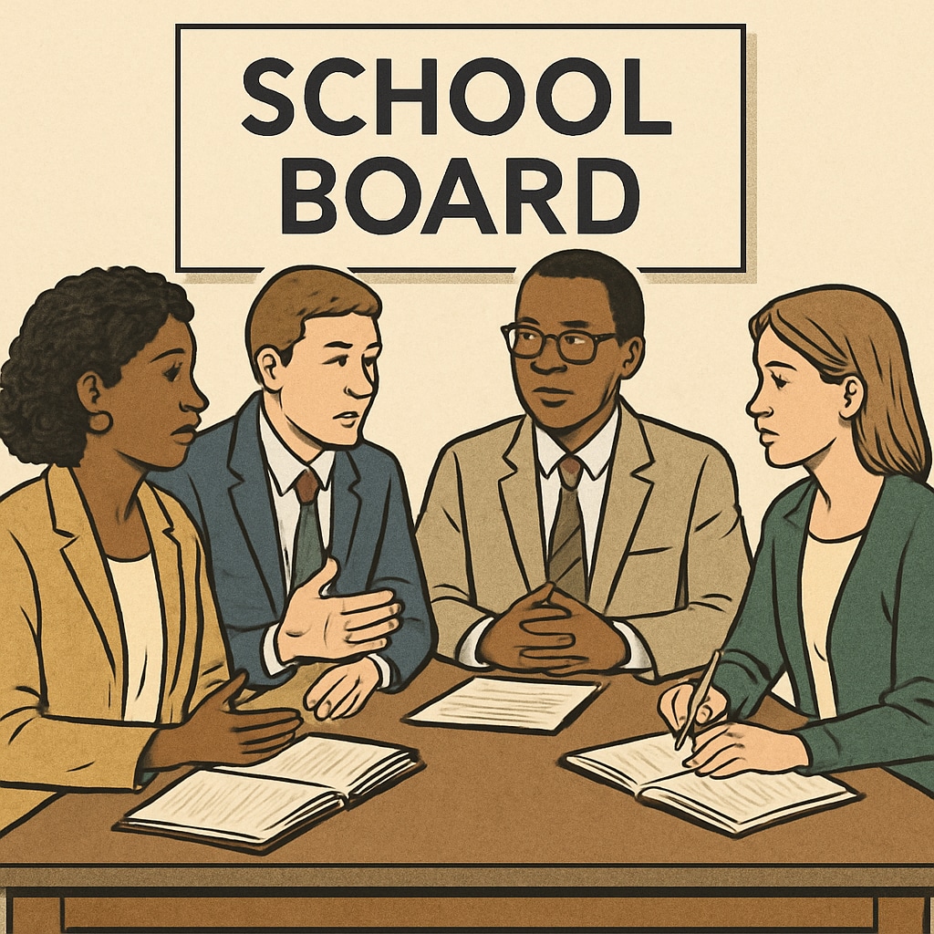 A group of diverse school board members engaged in discussion around a table, reflecting collaboration and leadership. School board members discussing governance strategies at a meeting.