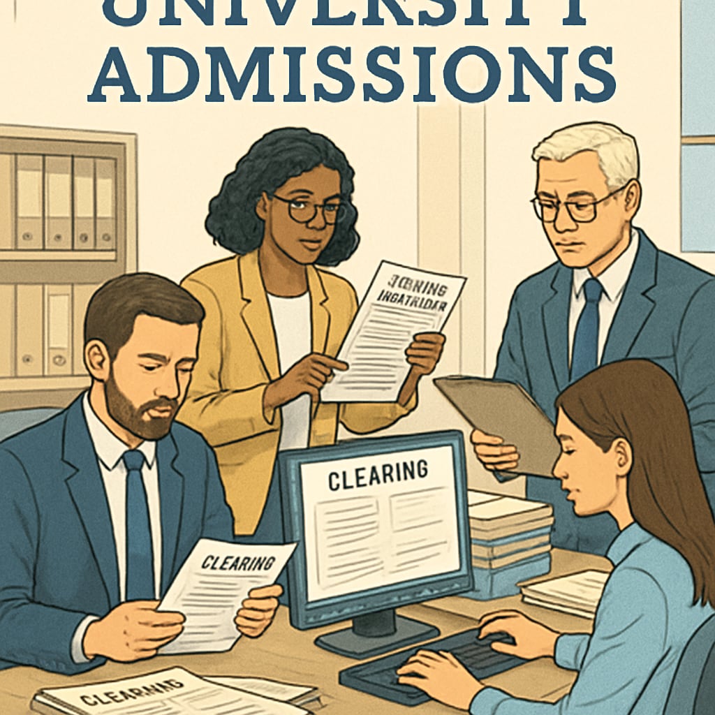 A university admissions team reviewing applications during the clearing process, illustrating the flexibility of university admission systems. University admissions team reviewing clearing applications.