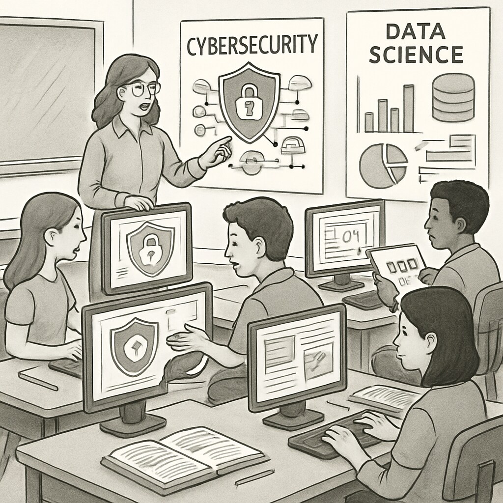 A classroom with students learning about cybersecurity and data science using computers, emphasizing hands-on education. Classroom teaching cybersecurity and data science concepts to K12 students.