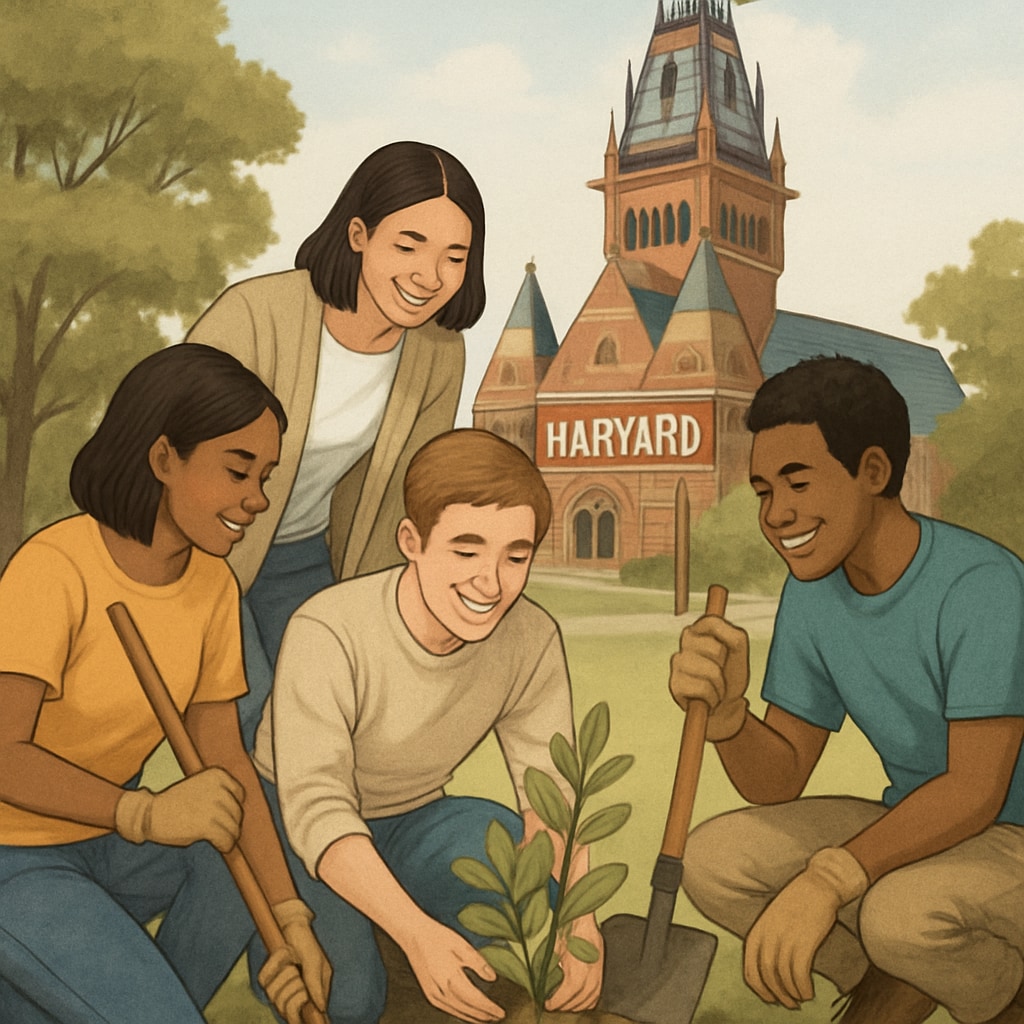 Students collaborating on a community project, highlighting Harvard's holistic admissions criteria.