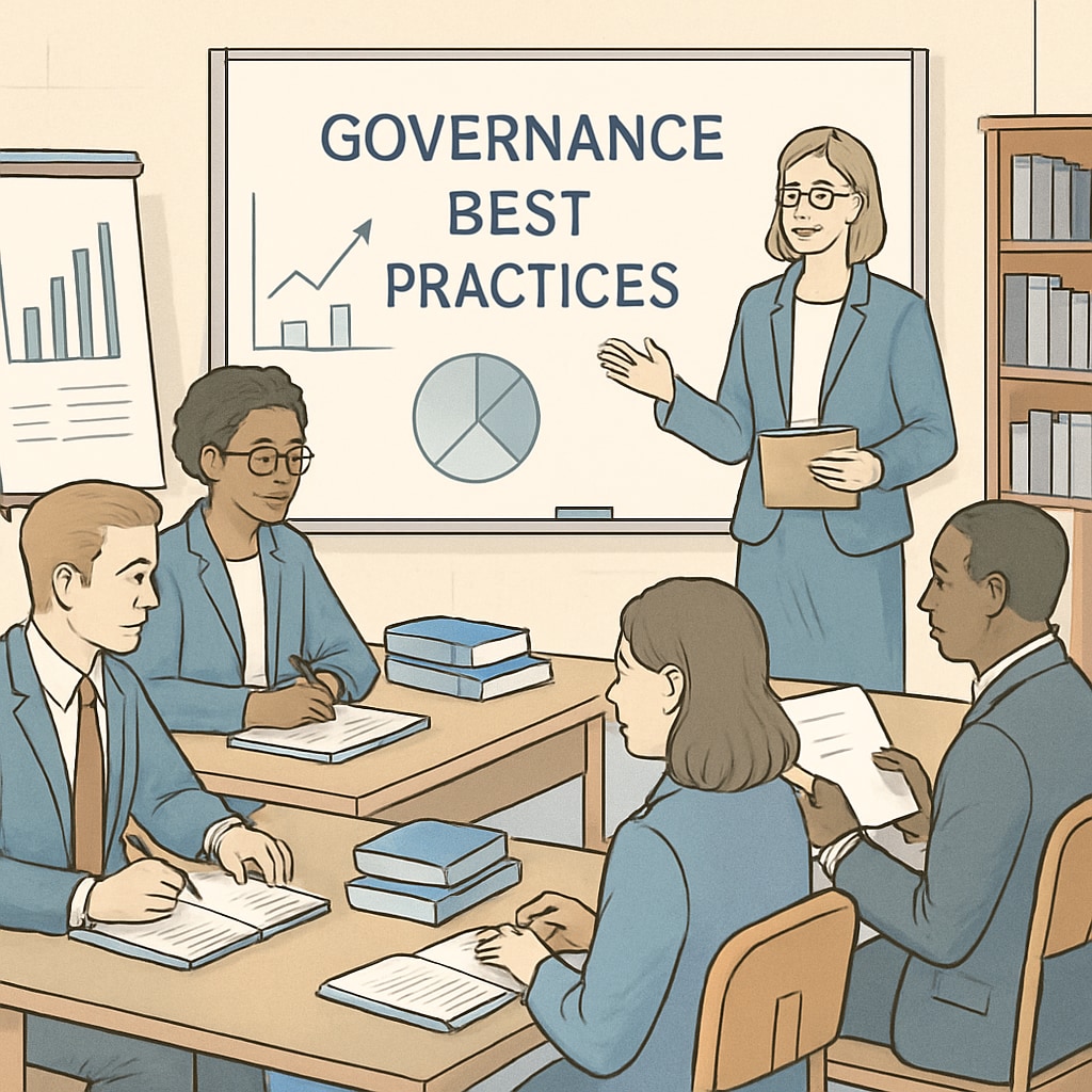 A workshop setting where school board members receive training on governance best practices, highlighting the importance of professional development. School board members in a training session on governance best practices.