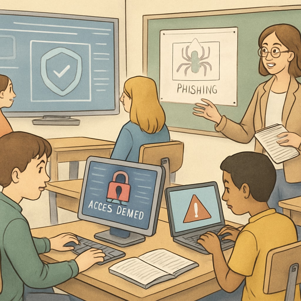 Students participating in a cybersecurity simulation in a classroom setting with interactive tools. K12 students engaged in a cybersecurity simulation exercise.