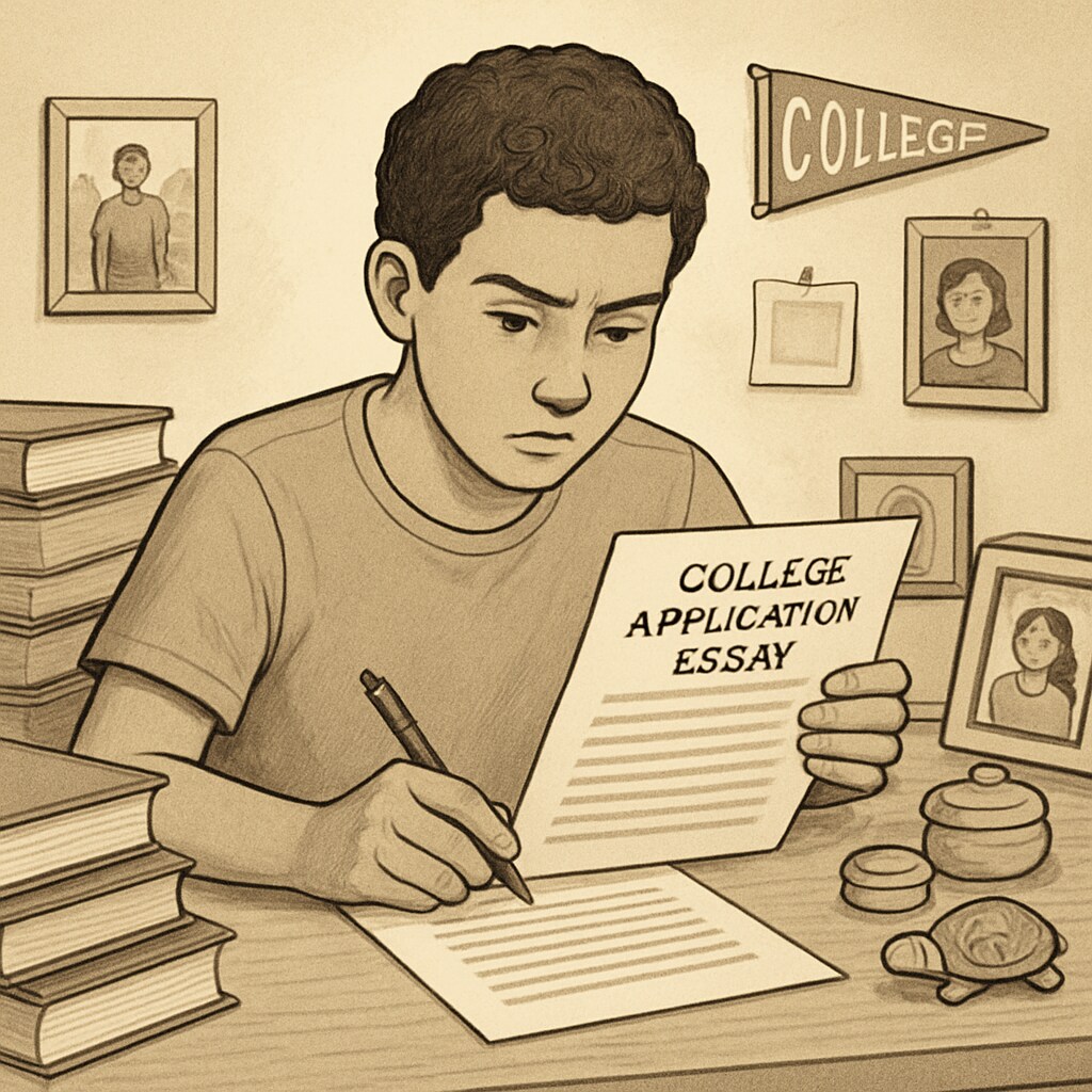 A student working on college application essays, emphasizing the role of storytelling in Harvard admissions.