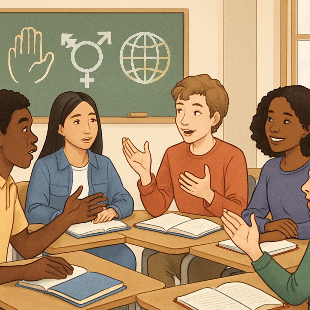 Students discussing social issues in a classroom, symbolizing wokeness.
