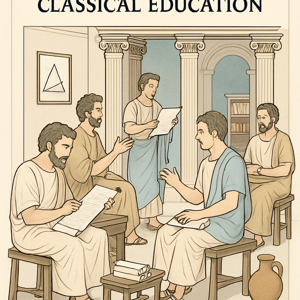 An ancient Greek or Roman classroom setting, featuring scholars and scrolls, symbolizing the roots of classical education. Ancient classroom setting with scholars studying classical texts.
