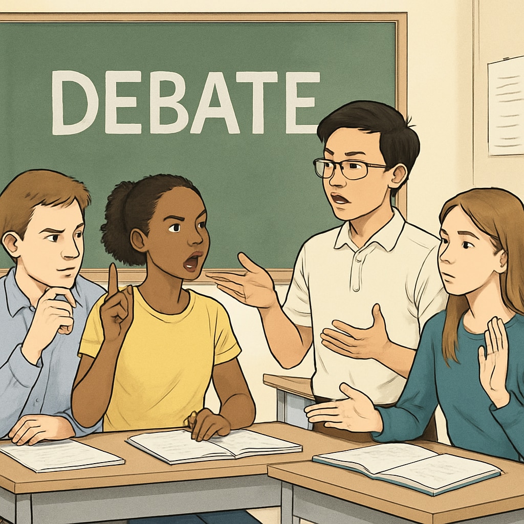 High school students debating diverse opinions on wokeness in schools.