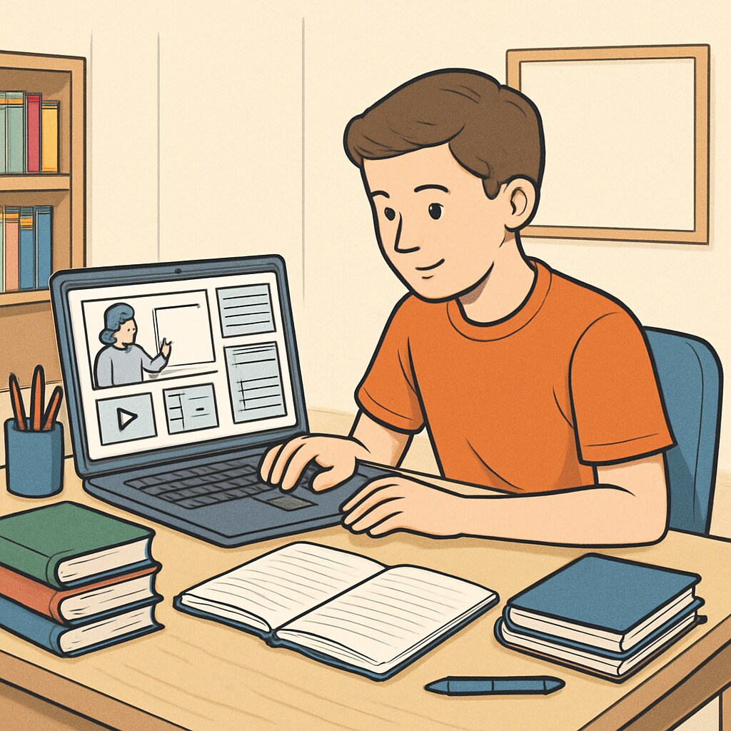 A high school student browsing an online learning platform on their laptop in a study-friendly environment. High school student exploring online education courses and learning resources.