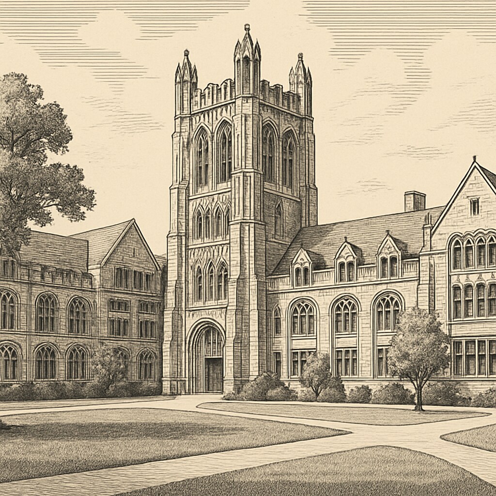 A prestigious Ivy League campus, featuring historical architecture and well-manicured grounds, symbolizing the grandeur associated with schools like Princeton. Ivy League campus with historical architecture representing Princeton's prestige.