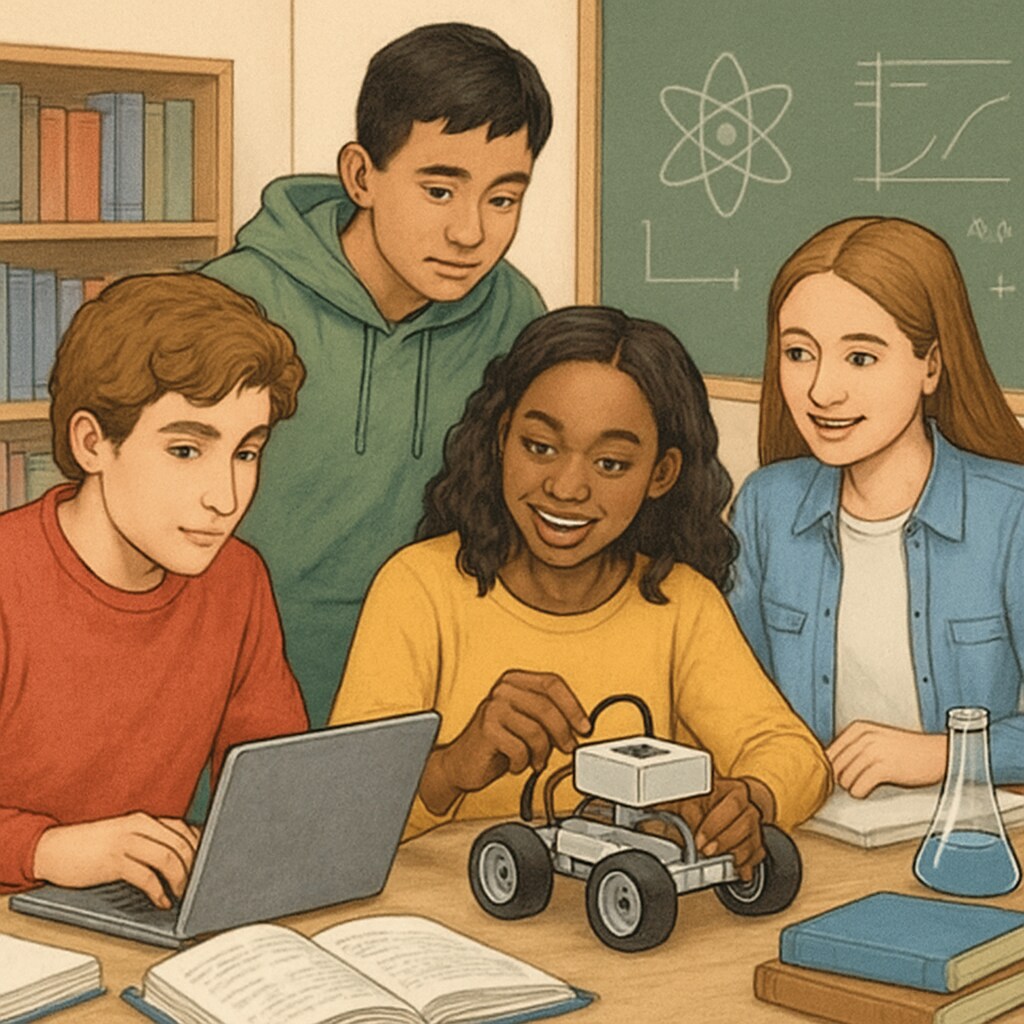 A diverse group of high school students working together on a STEM project in a classroom setting. High school students participating in after-school STEM programs for hands-on learning.