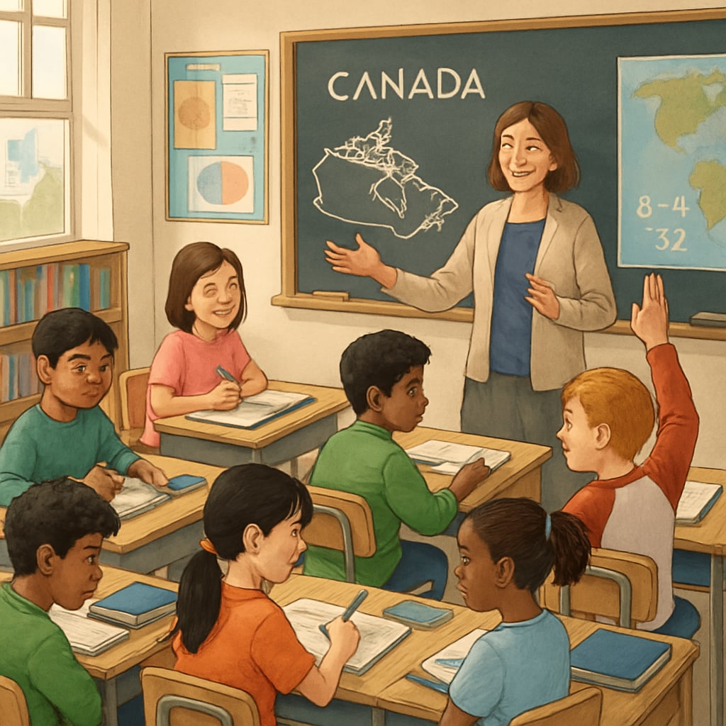 A school classroom in Canada with diverse students and a teacher guiding them. Canadian school classroom with a teacher and diverse students.