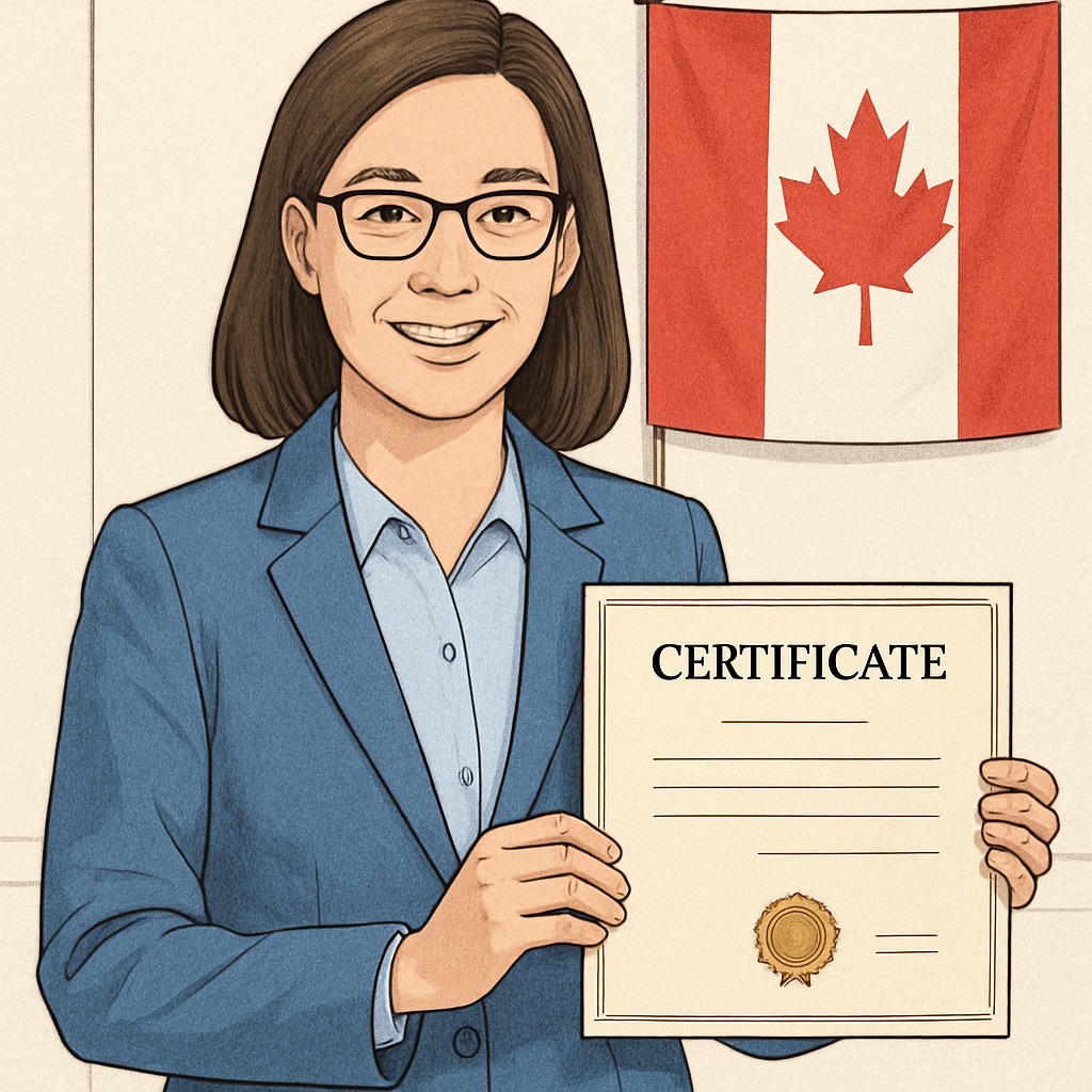 A teacher holding a certificate with a Canadian flag in the background. Teacher holding a certification with a Canadian flag.