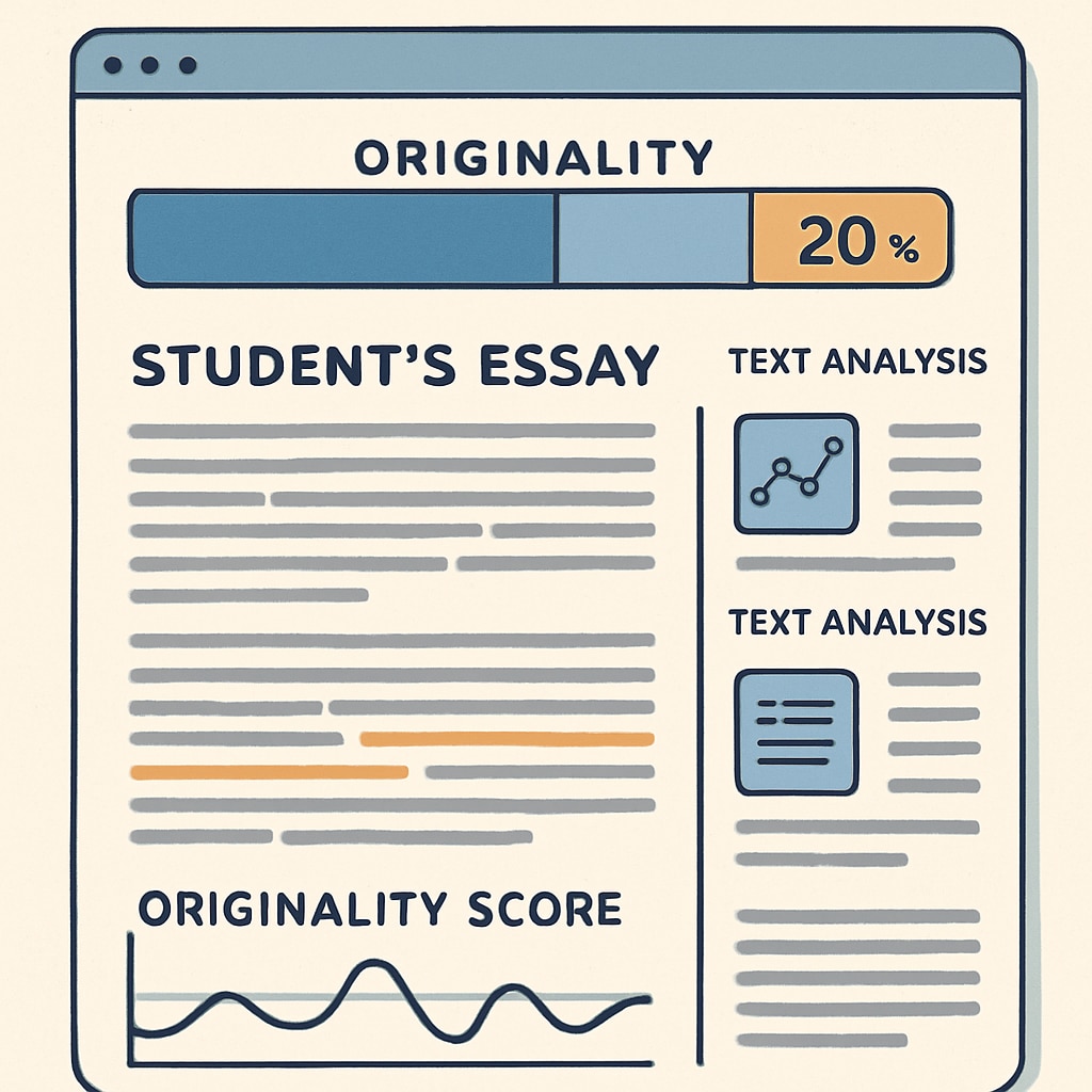 An AI detection tool interface analyzing a student's essay for originality. AI detection tool analyzing originality, highlighting academic integrity risks.