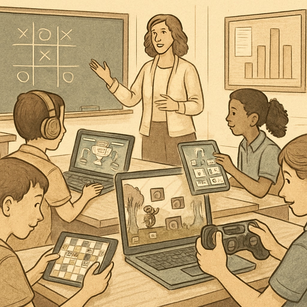 Students using gamified platforms in a classroom, highlighting esports education.