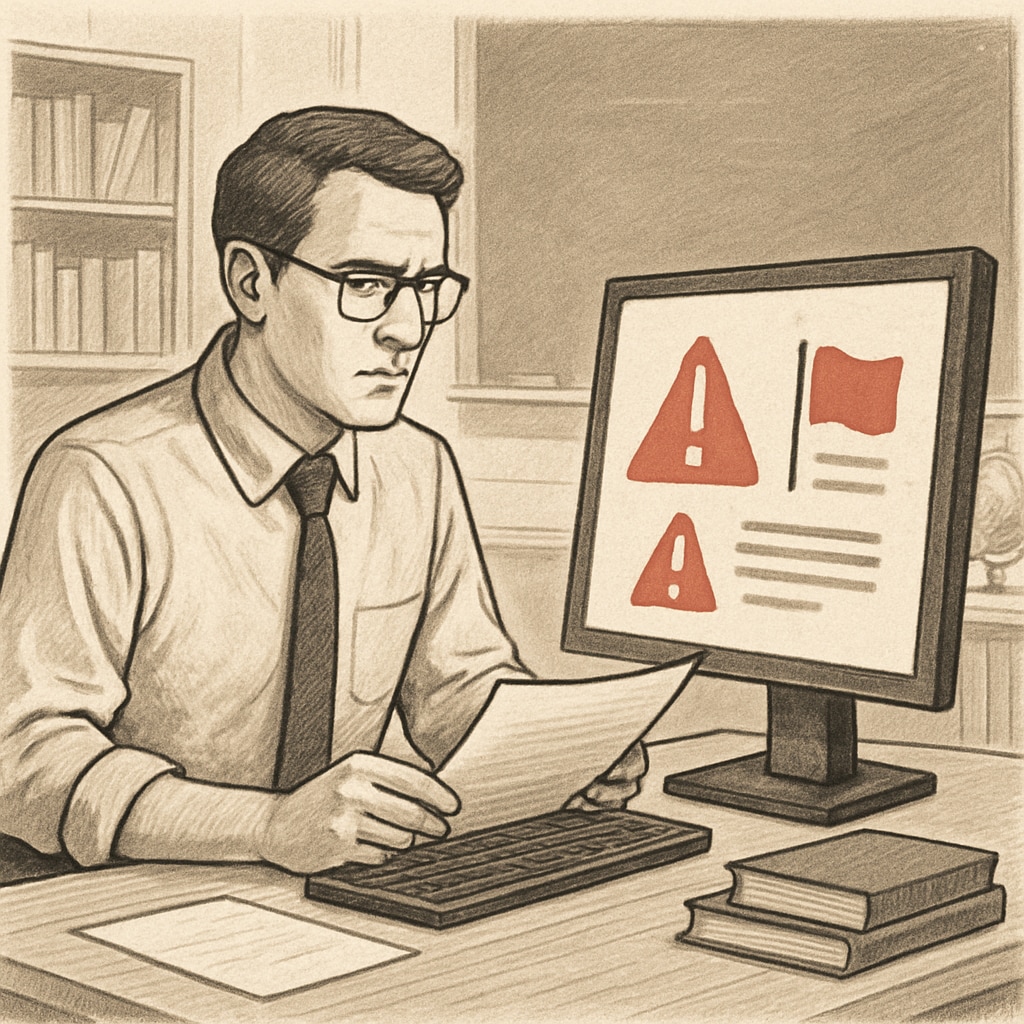 A teacher reviewing flagged content on a computer, emphasizing human oversight in AI detection. Human review of flagged content for fairness in AI-based academic tools.