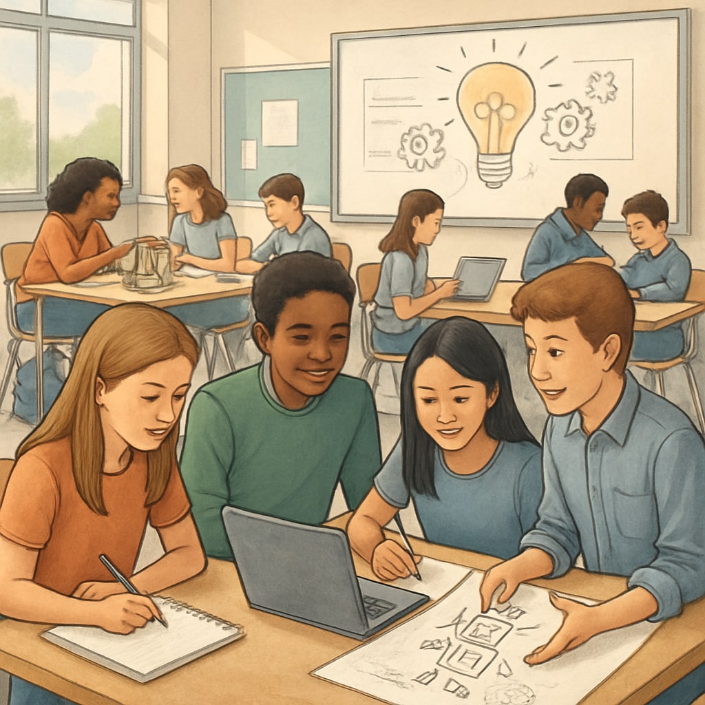 Students working on group projects during class, highlighting creativity-focused education in the AI era.