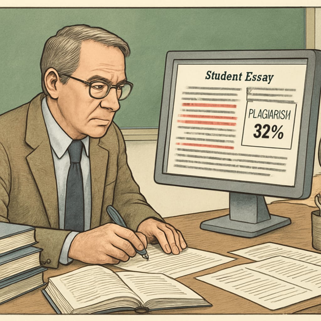 Professor using plagiarism detection software to assess a student's work.