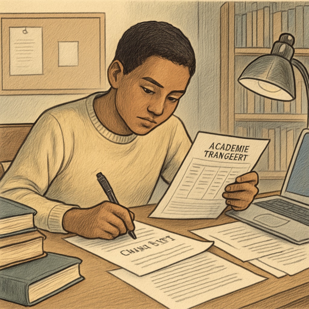 A student reviewing their academic transcript and writing a college essay, symbolizing preparation for university applications. A student preparing college applications with emphasis on academic transcripts and essays.