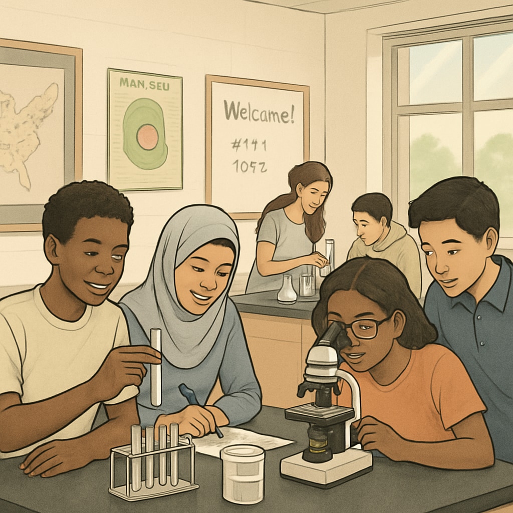 A classroom environment where high school students, including ELLs, are engaging in collaborative science experiments. High school students and ELLs working on science experiments together with teacher support.