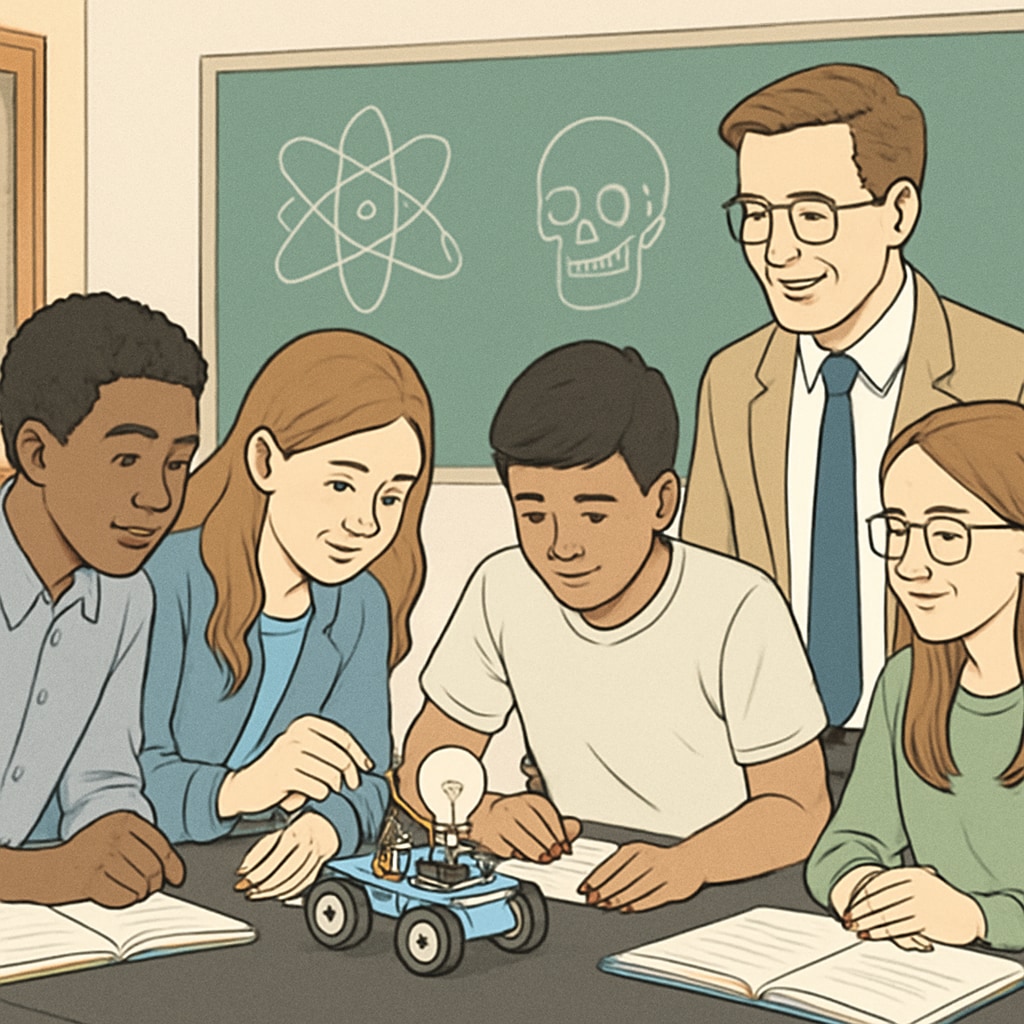 High school students collaborating on a science project, with a teacher providing guidance and support. Students and ELLs collaborating on a science project with guidance from their teacher.