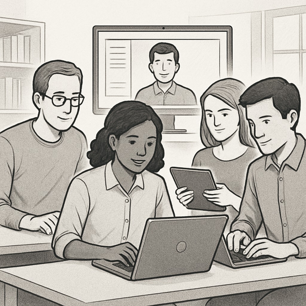 A group of students collaborating on an online project, highlighting collaborative learning in flexible master's programs. Students working together in a flexible master's program.