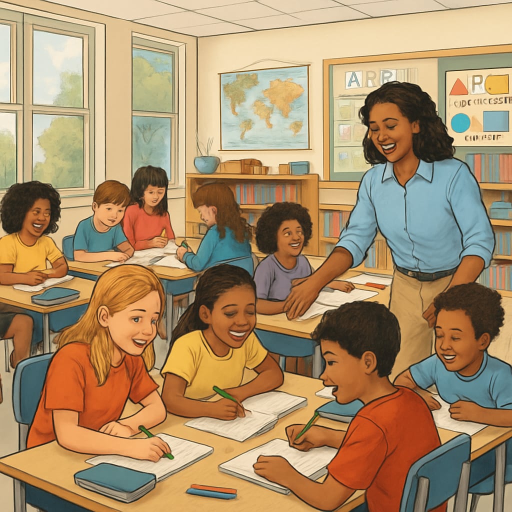 Public school classroom with diverse students in group activities.