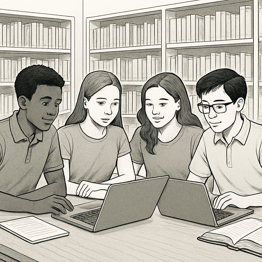 High school students using laptops for free online educational resources.
