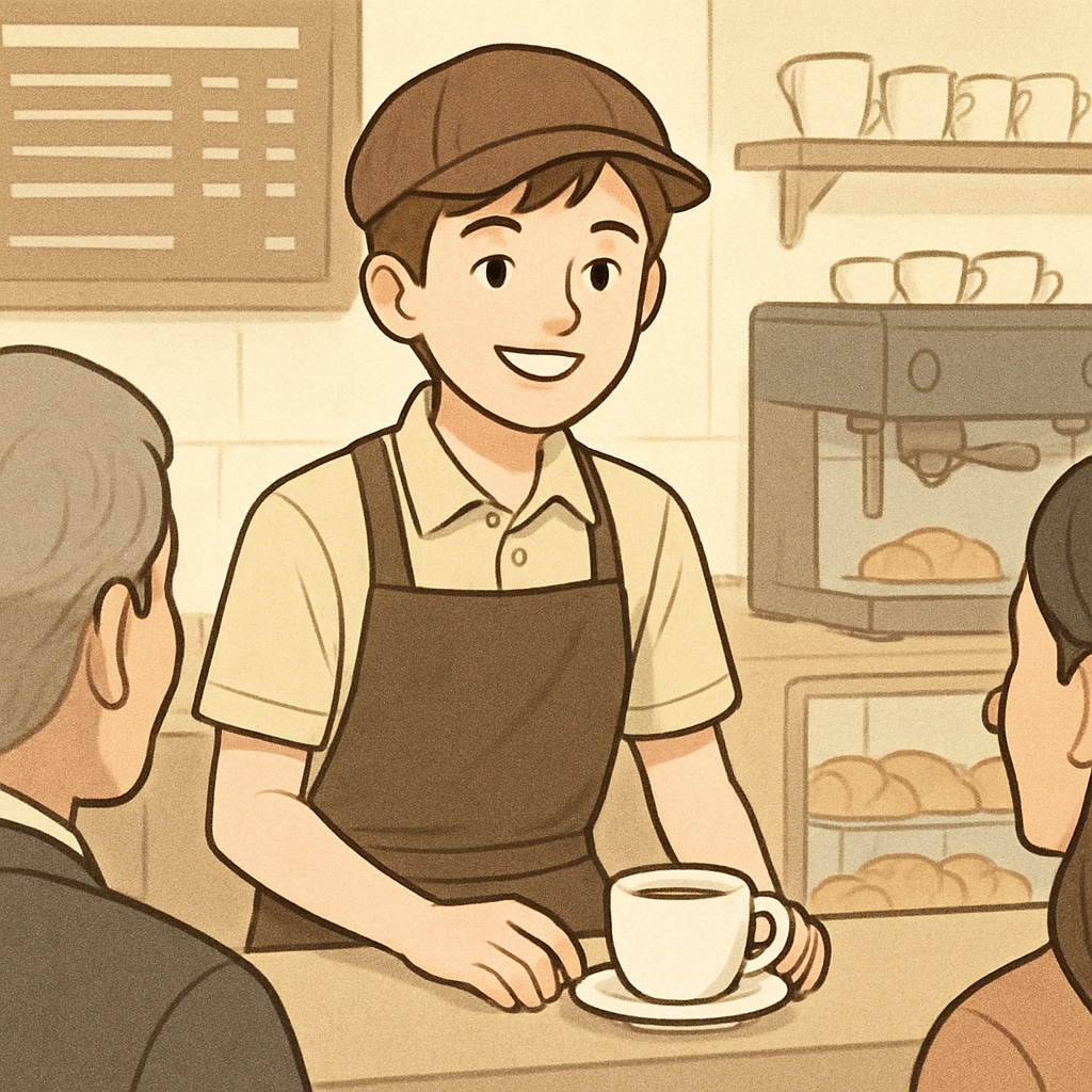 A high school student working at a café, interacting with customers and smiling. The image highlights the positive aspects of part-time jobs for teenagers. High school student working part-time at a café, demonstrating job skills and customer service.