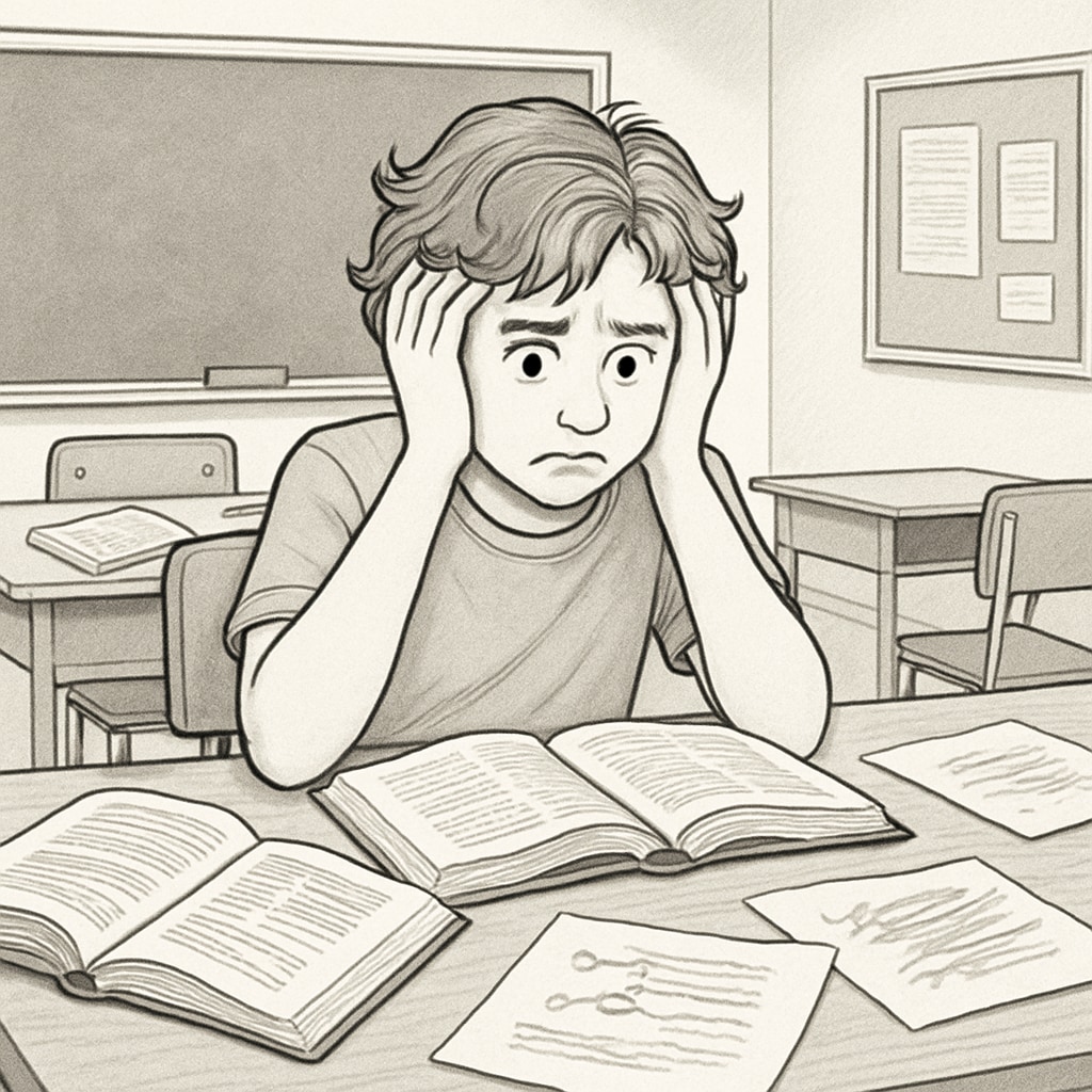 A student in a classroom, struggling with textbooks and notes, symbolizing the challenges of learning disabilities. A student facing learning difficulties in an educational setting.