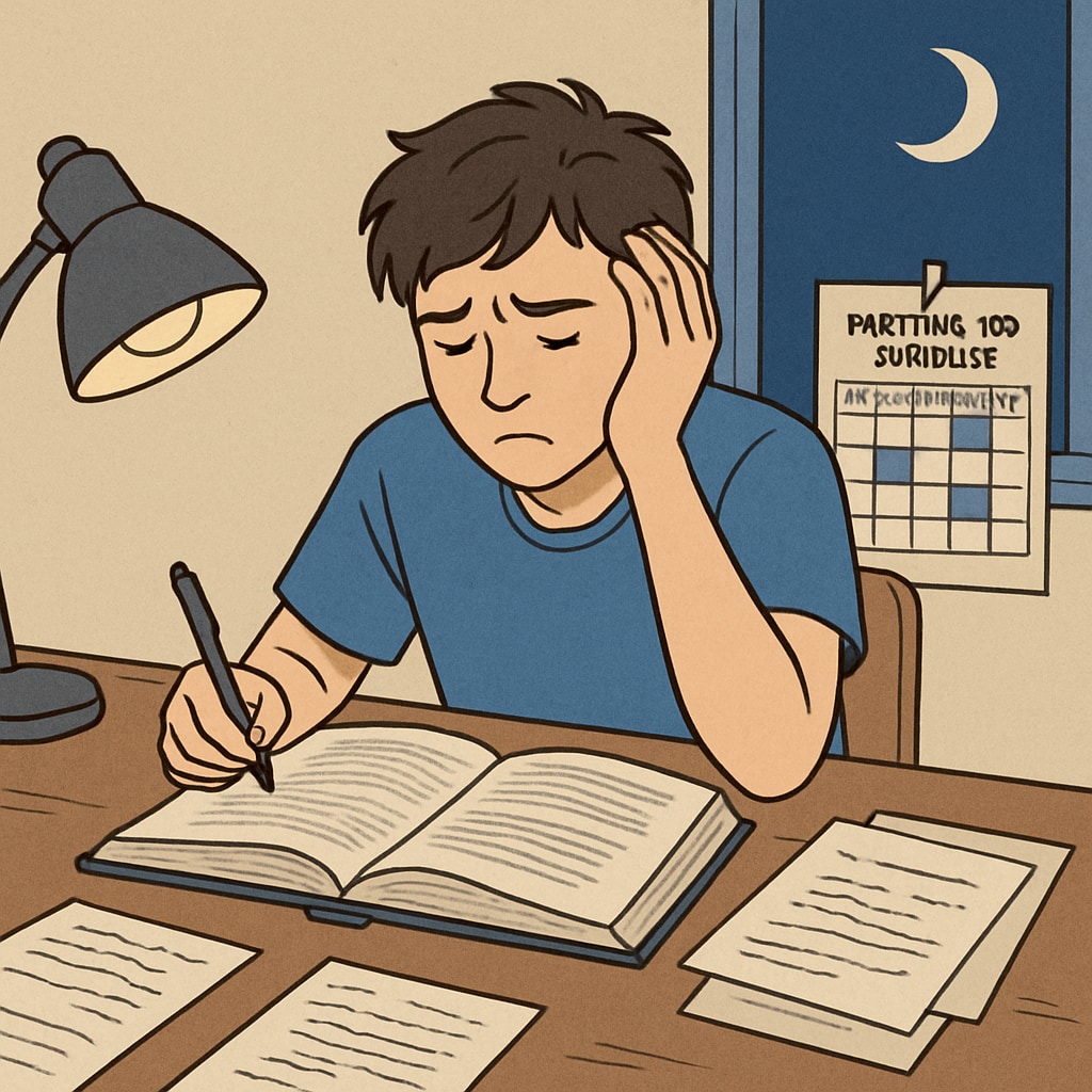 A teenager looking stressed while studying late at night with a part-time job schedule nearby. The image illustrates the potential downsides of balancing work and academics. Stressed high school student working late at night, balancing school and a part-time job.