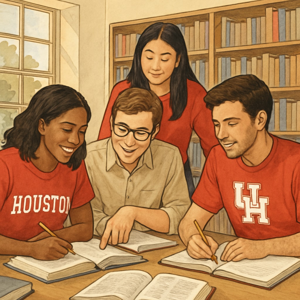 University of Houston students working in a study group, sharing notes and discussing coursework.