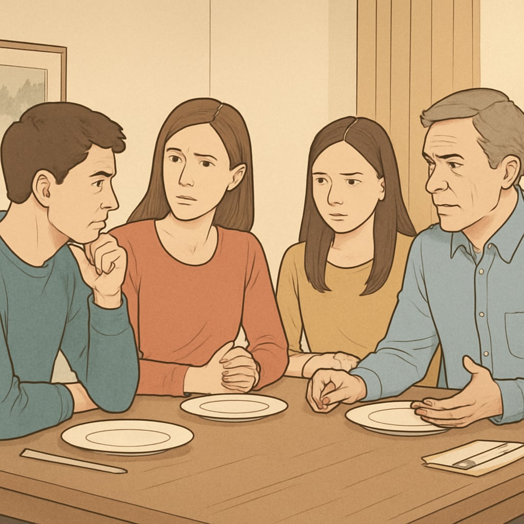 A family at a dinner table, engaging in a serious discussion about career choices, representing the tension between support and pressure. A family discussing career pressures with a student.